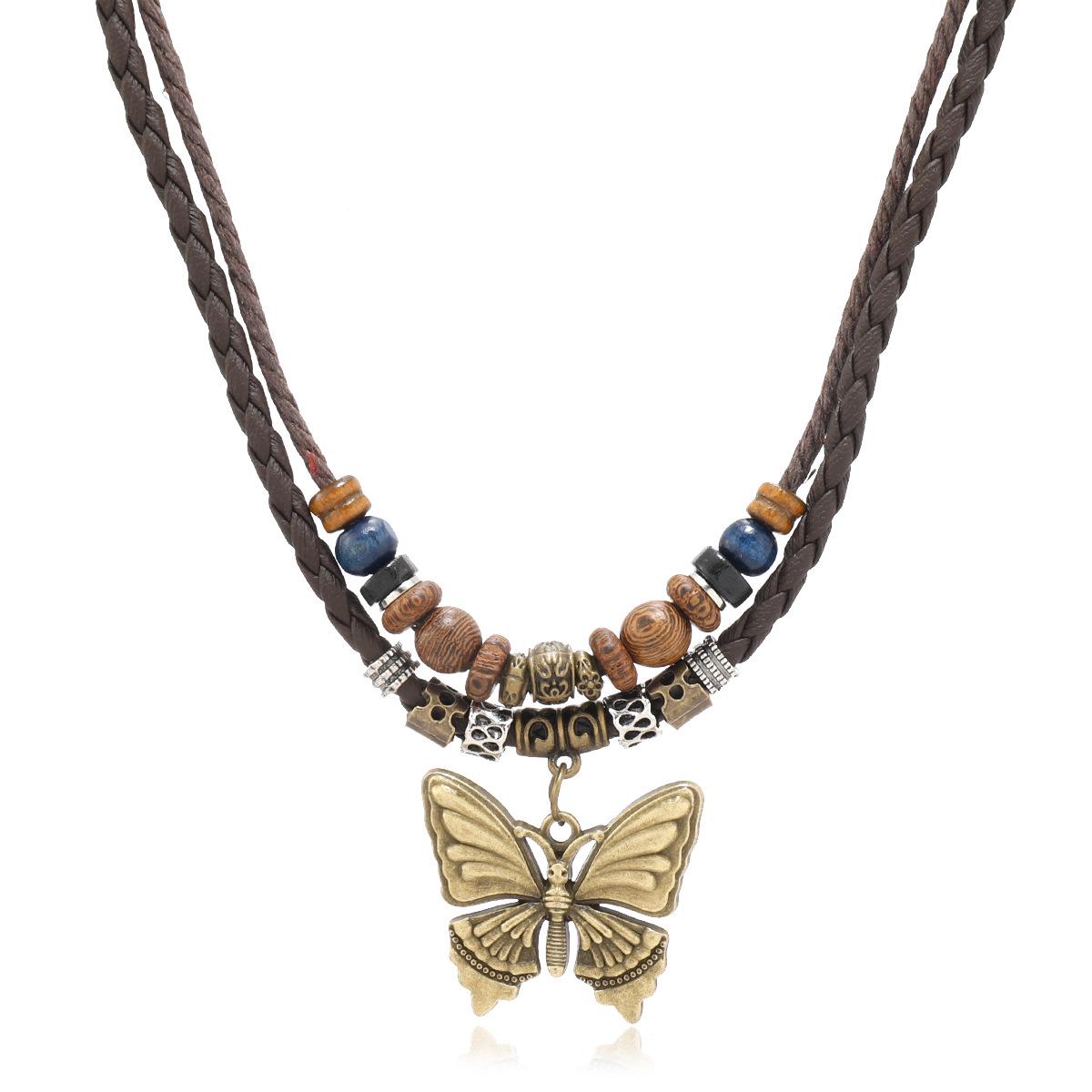 

Men s Retro Metal Butterfly Pendant Necklace with Handmade Wooden Beads коричневый