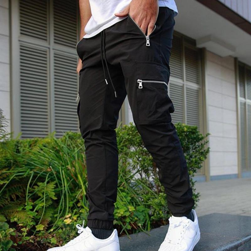 

Men Drawstring Waist Cargo Pants Zipper Pocket Design Slim Fit Ankle Cuffs Casual Streetwear Long Trousers M чёрный