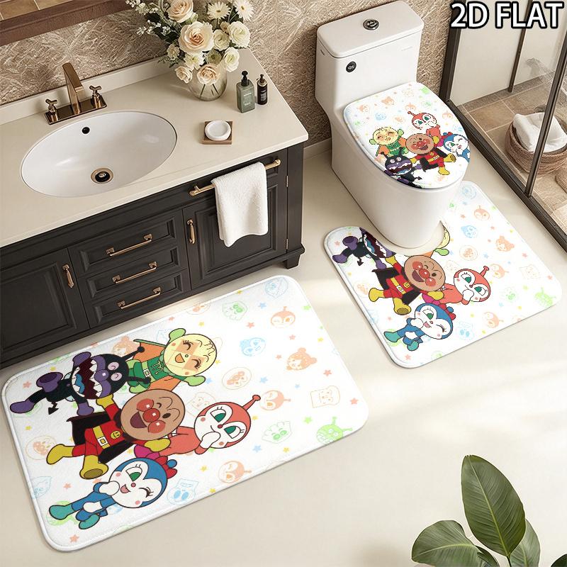 3pcs Anpanman Pattern Flannel Nonslip Absorbent Washable Decorative Bathroom Home Toilet Seat Cover Mat