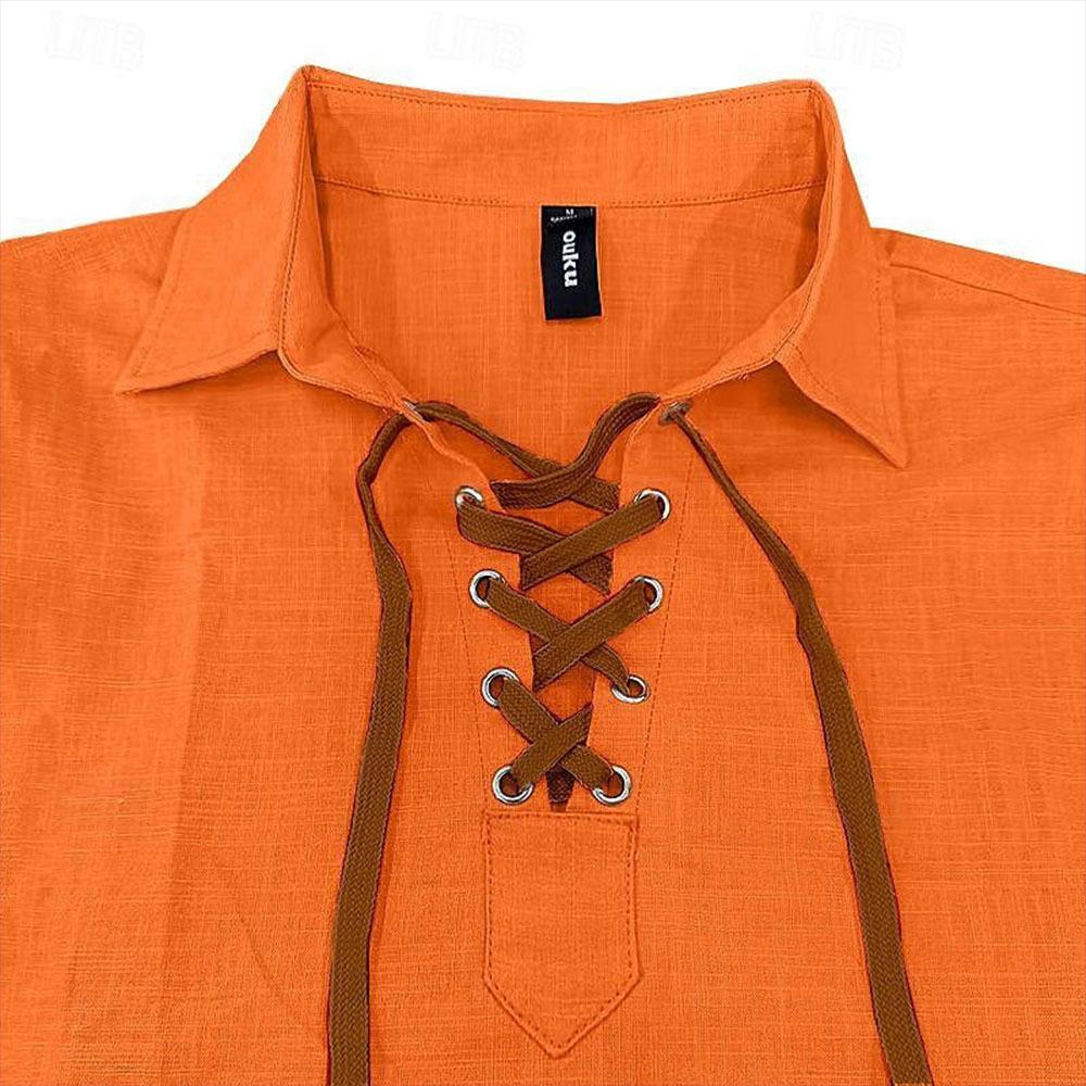 Europäisches und Amerikanisches Herren Hemd mit Kragen Locker Herrenhemd Leinenhemd Wikinger Stil Piratenhemd Sommer Strandhemd