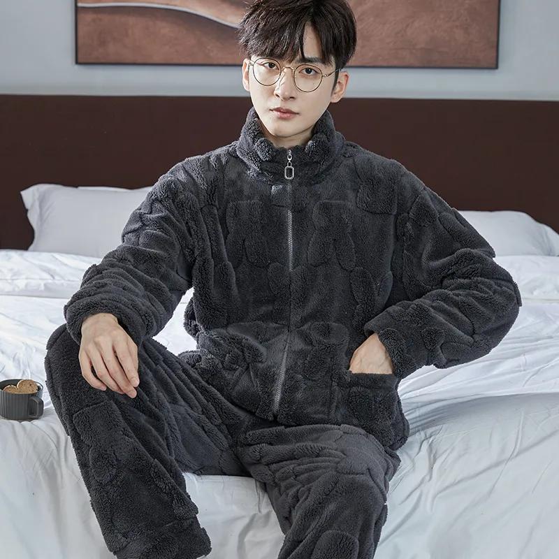 Conjuntos de pijamas quentes e grossos de outono e inverno masculinos, conjuntos de 2 peças de flanela, roupa de dormir masculina, roupa de dormir macia, pijama loungewer