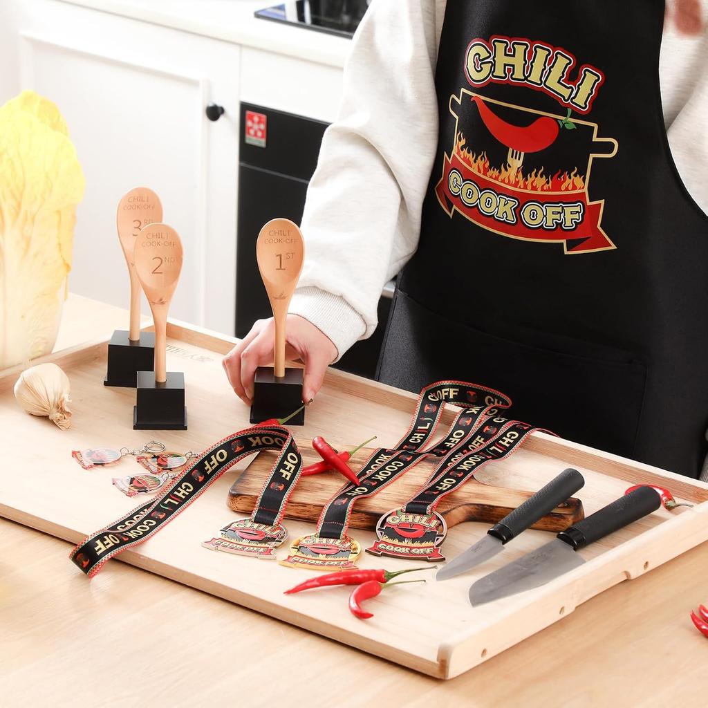 Quelay 12 Pcs Chili Cook Off Prizes Include 3 Cook Off Trophy 3 Wooden 1st 2nd 3rd Engraved Spoon 3 Kitchen Cooking Aprons 3 Chili Keyring for Men