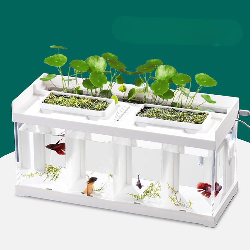 კრეატიული აკრილის მაგიდის ეკოლოგიური თევზის ავზი ფილტრით, არ საჭიროებს წყლის გაცვლას და სპეციალური საიზოლაციო ვედრო თევზის ავზი შუქით