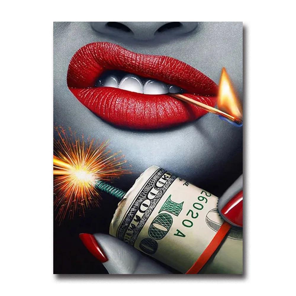 Sexy Woman Red Lips Money Rose Wall Art Posters Modern Home Living Room Bedroom Decorative Canvas Painting Picture Print Artwork