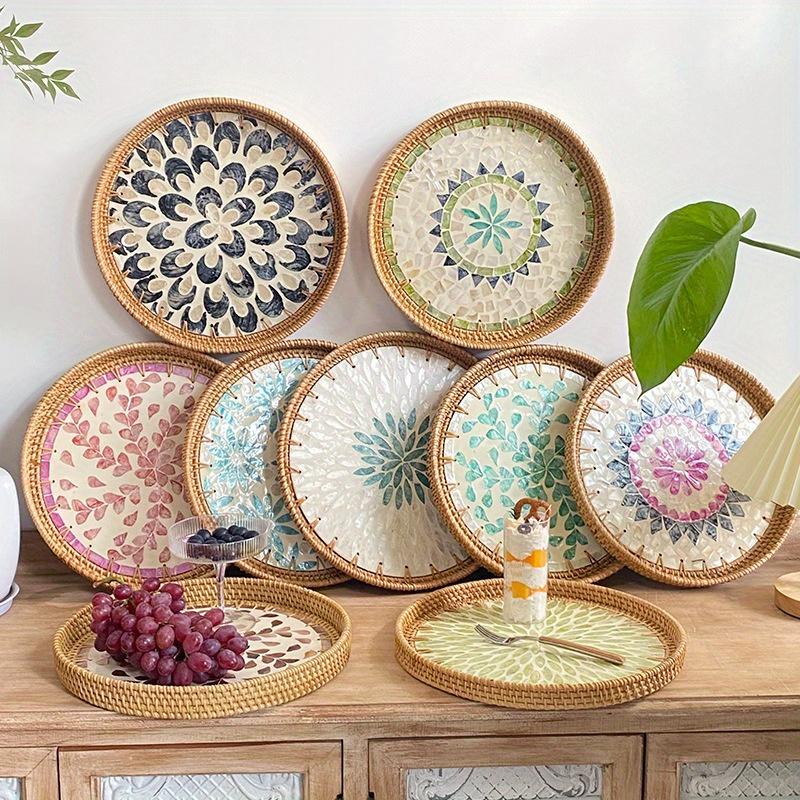 1Pc Handmade Rattan Shell Color Storage Round Picnic Fruit Basket Tray for Outdoor Courtyard Patio Garden