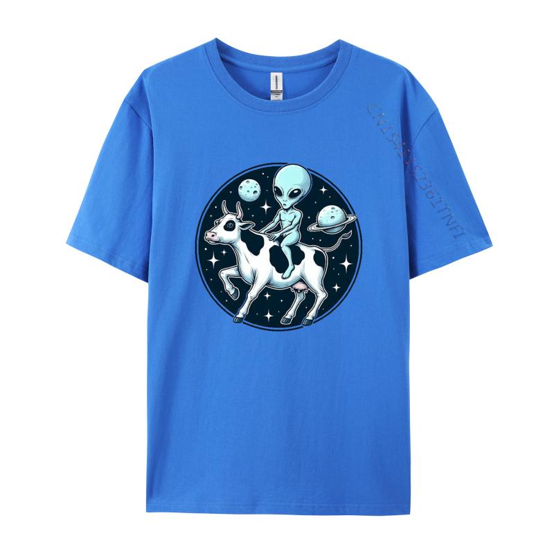 Alien Riding A Cow In Outer Space TShirt Graphic Tshirt Fitness Tight Tshirts Classic Cotton Men Casual