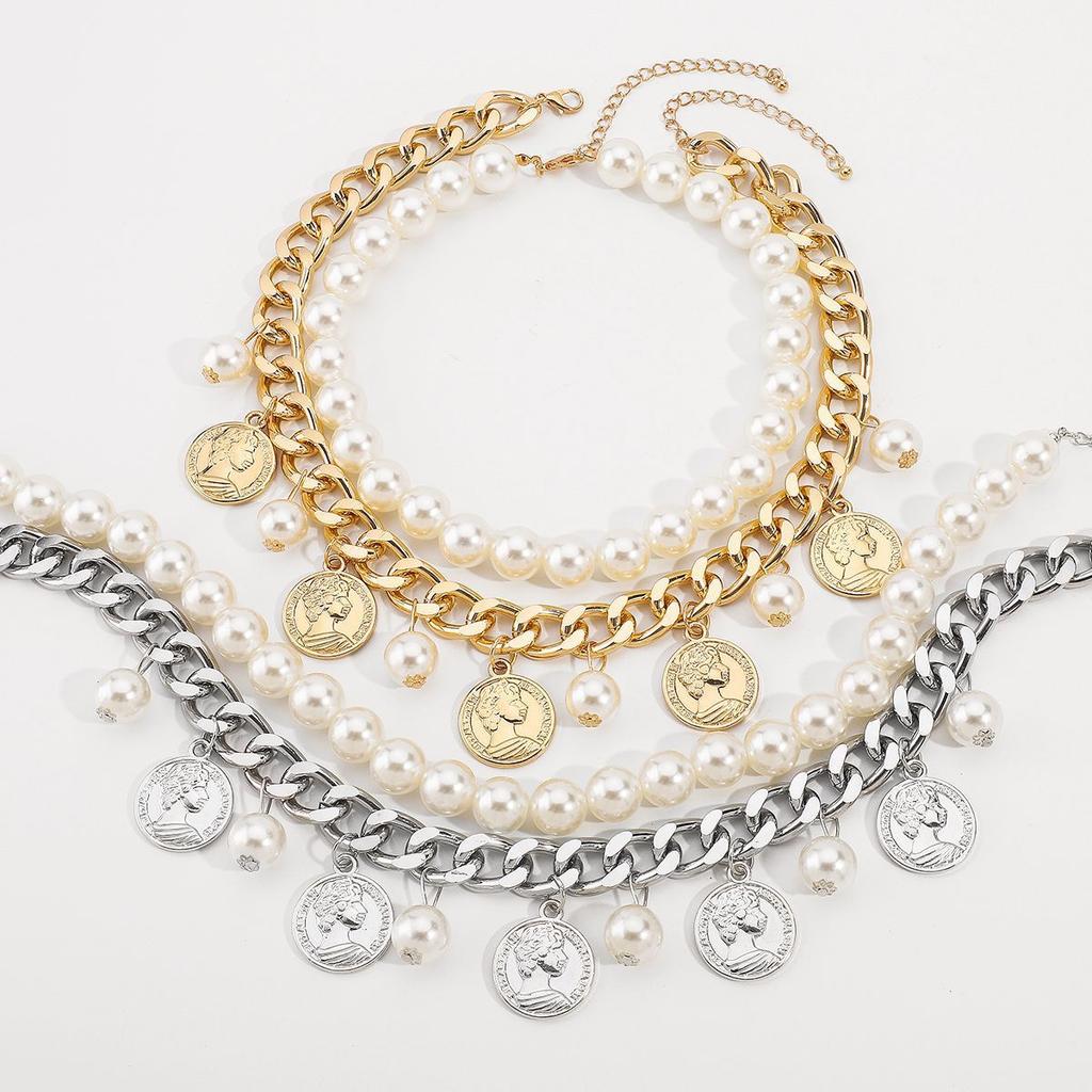 N12293 Vintage Portrait Coin Queen Embossed Pendant Tassel Double Pearl Clavicle Chain