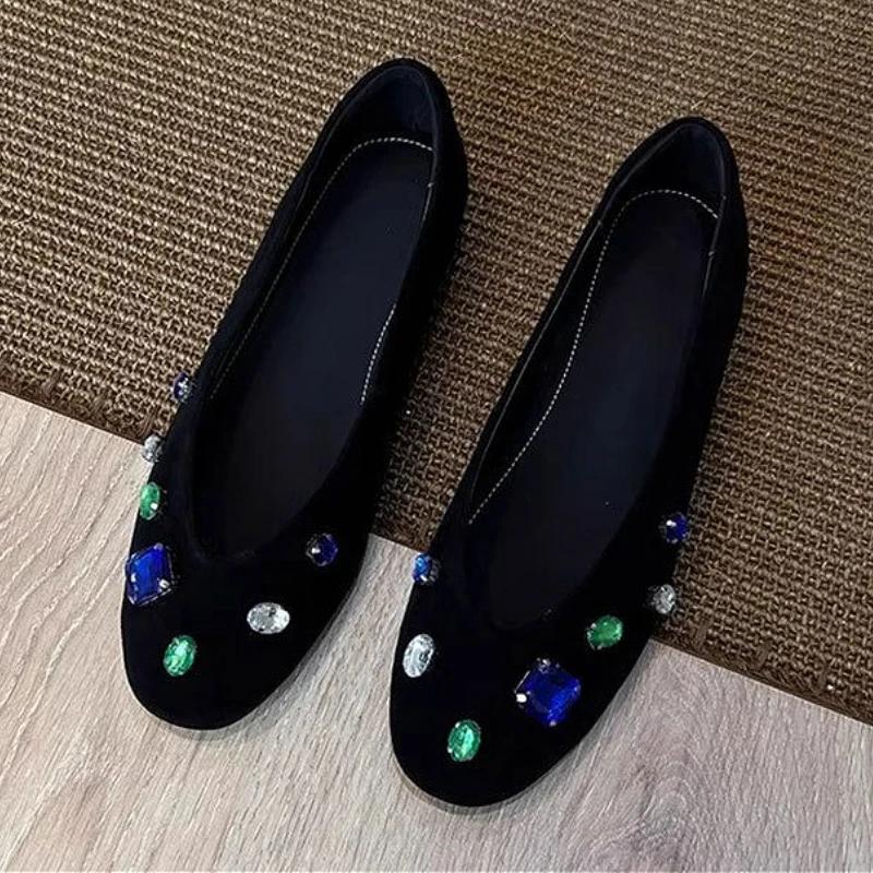 Fashion Luxury Colorful Gemstone Flats Women Comfortable Round Toe Shallow Suede Loafers for Ladies Elegant Brand Designer Casual Shoes