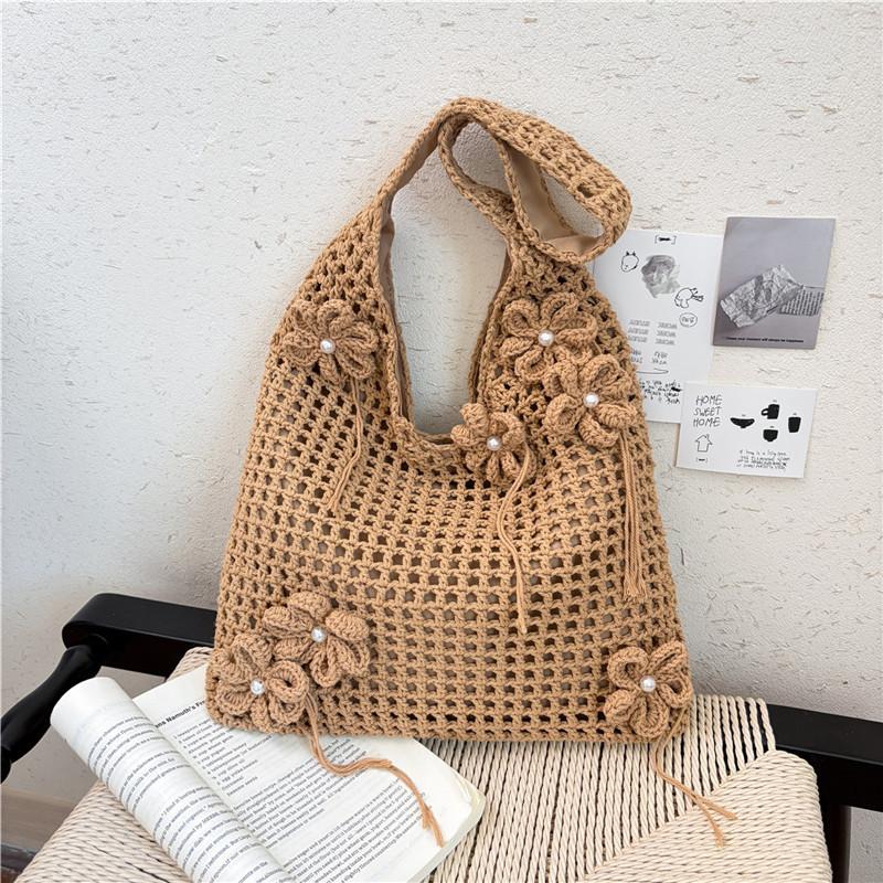 IELGY Fashionable All-Match Vacation Style One-Shoulder Woven Tote Seaside Flower Bag