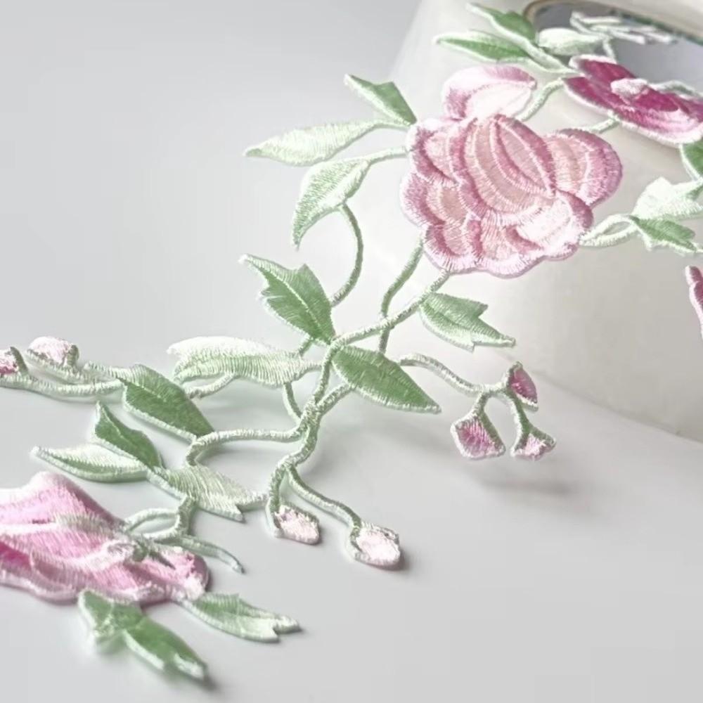Rose Flower Flower Embroidered Cloth Patch Long Strip Pink and Green Iron-on Patch Adhesive Back 3D Embroidered Patch