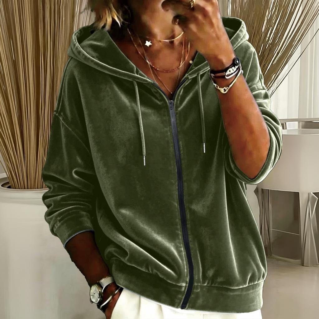 Women's Casual Color Drawstring Zip-Up Hoodie Loose Fit Long Sleeve Sweatshirt