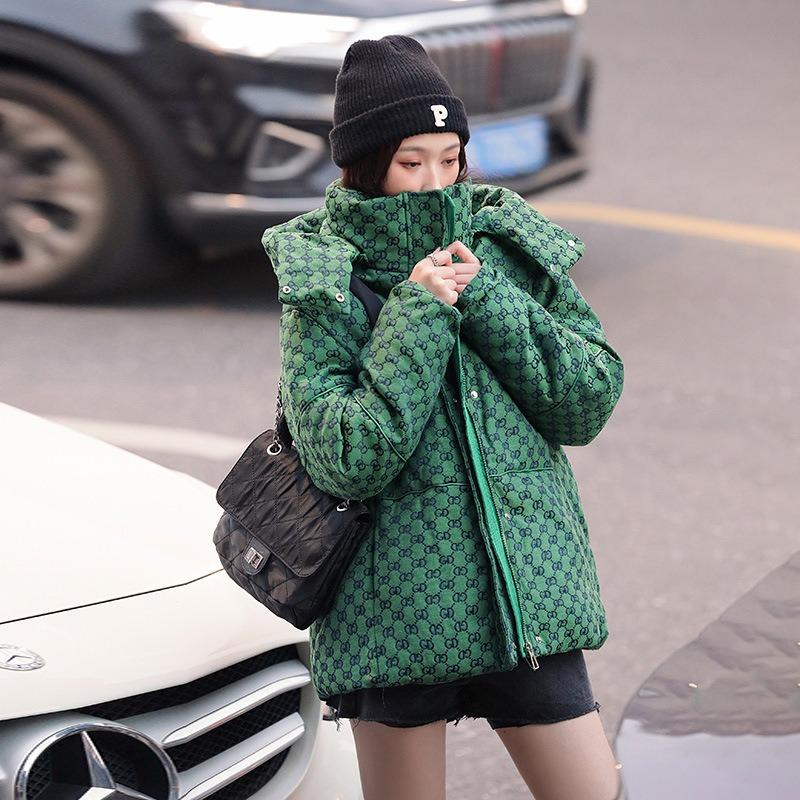 

Stand-up collar short thickened down cotton clothes new embroidered plaid hooded versatile and thin top XXL хаки