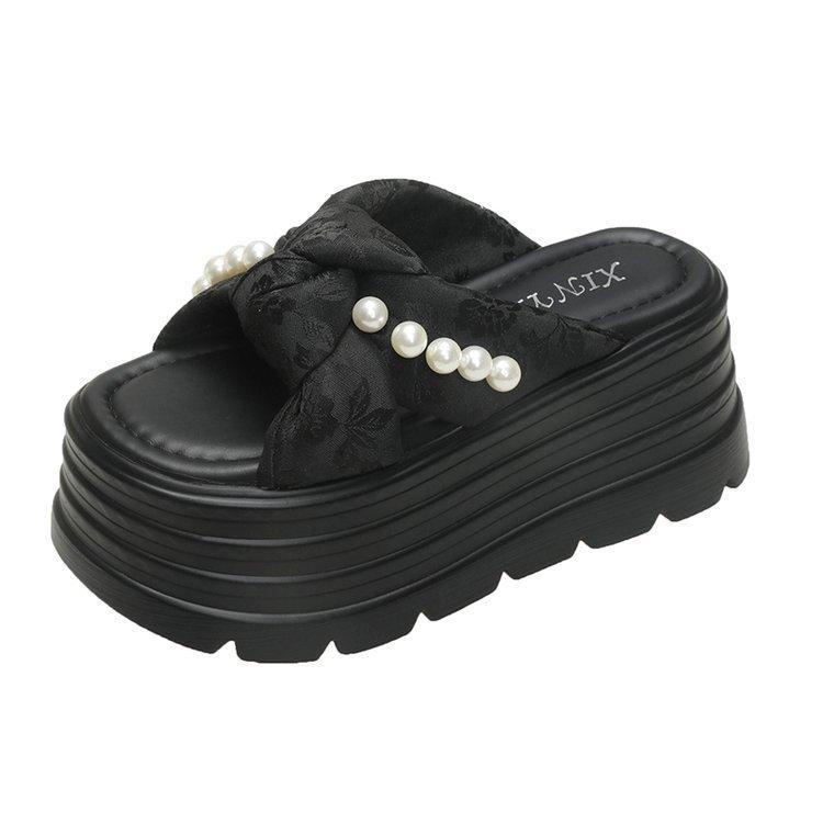2025 spring and summer new cool slippers muffin thick bottom small bow pearl thick bottom fashion slippers