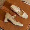 Leather square head shallow mouth high heels women's one-word buckle Mary Jane women's shoes with skirt spring and autumn French thick heel sing