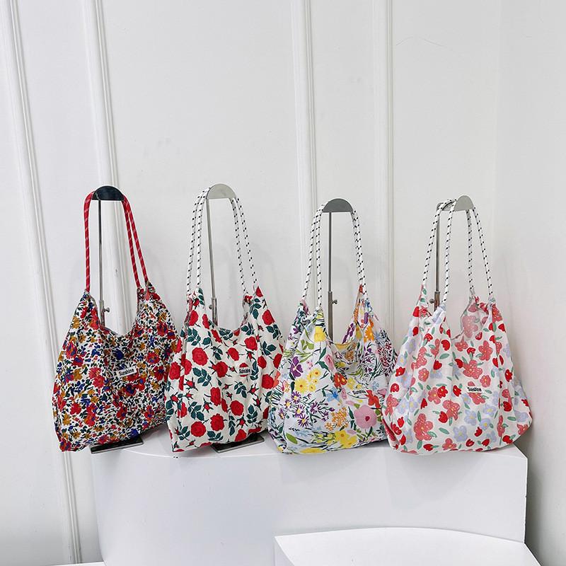 Floral Canvas Tote Bag Large Capacity Casual Shopper For Daily Use