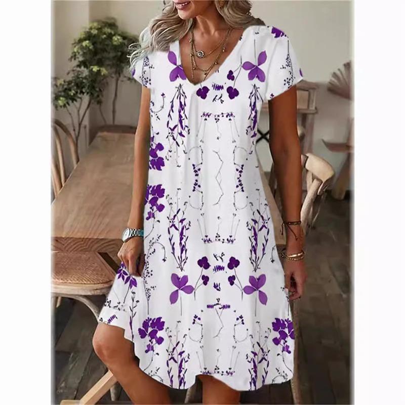 Zomerse Bloemen Damesjurk Mode Casual Boho Strand Zomerjurk Korte Mouw V-hals Sexy 3D Print Losse A-lijn Jurk Femme Vestidos