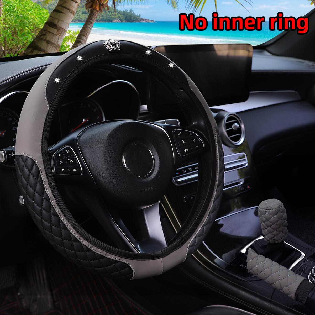 

3-piece pu leather embroidered crown diamond car without inner ring steering wheel cover handbrake cover handle cover сірий
