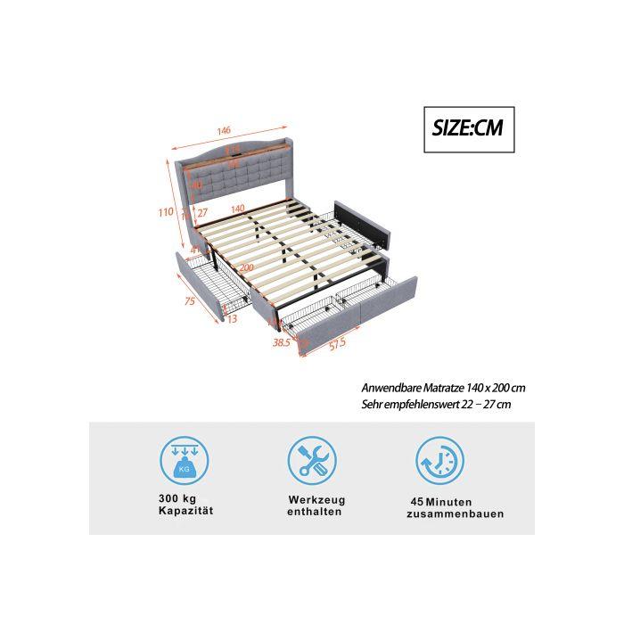 Lit capitonné - MUVOE - 140x200 cm - Tissu lin gris - 4 tiroirs - Port USB intégré