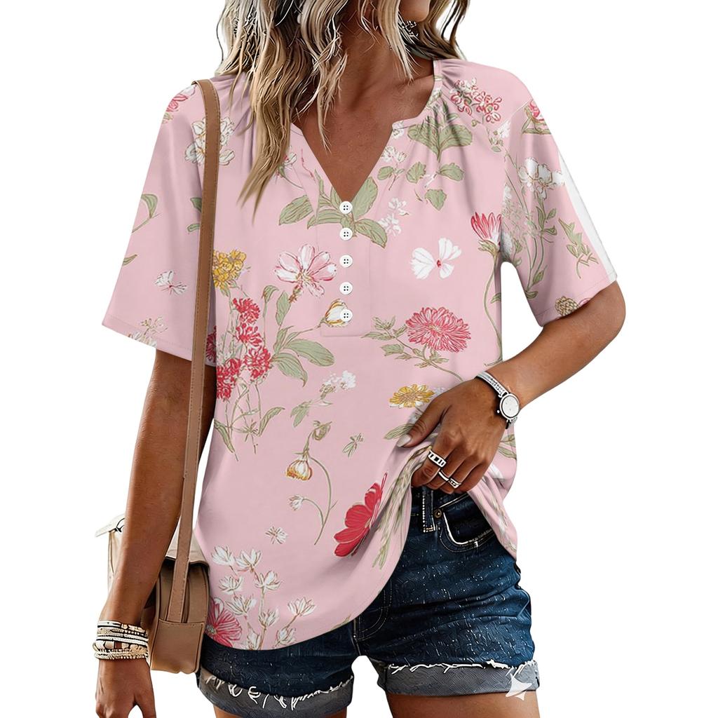 Women's Fashionable Casual Floral Print Button V-neck Short-sleeved Top
