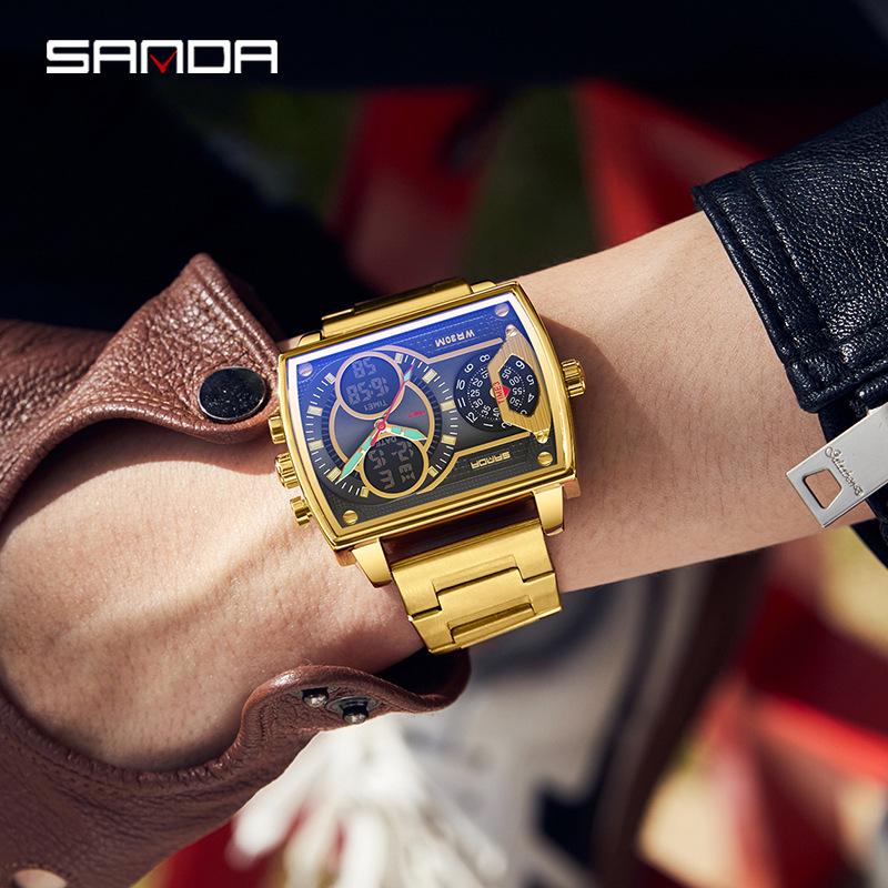 Sanda Fashionable Men's Square Multifunctional Waterproof Sports Quartz Watch