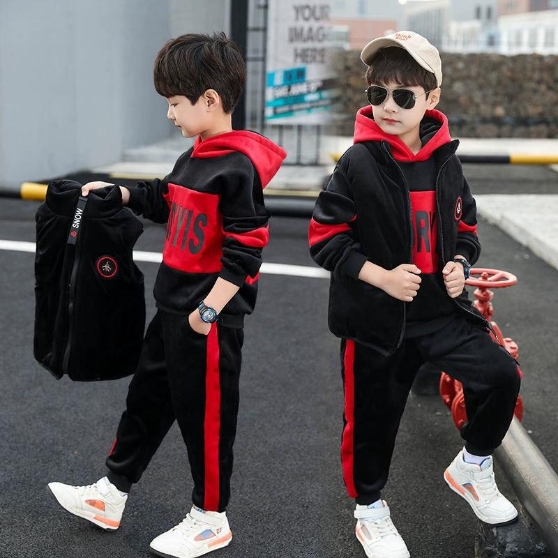 4-12 Jahre Jungen Doppelseitige Samtsets Kinder Mode Kapuzenanzug Kinder Herbst Winter Jacken+Hosen 3-teilige Outfits Teenager Freizeitkleidung