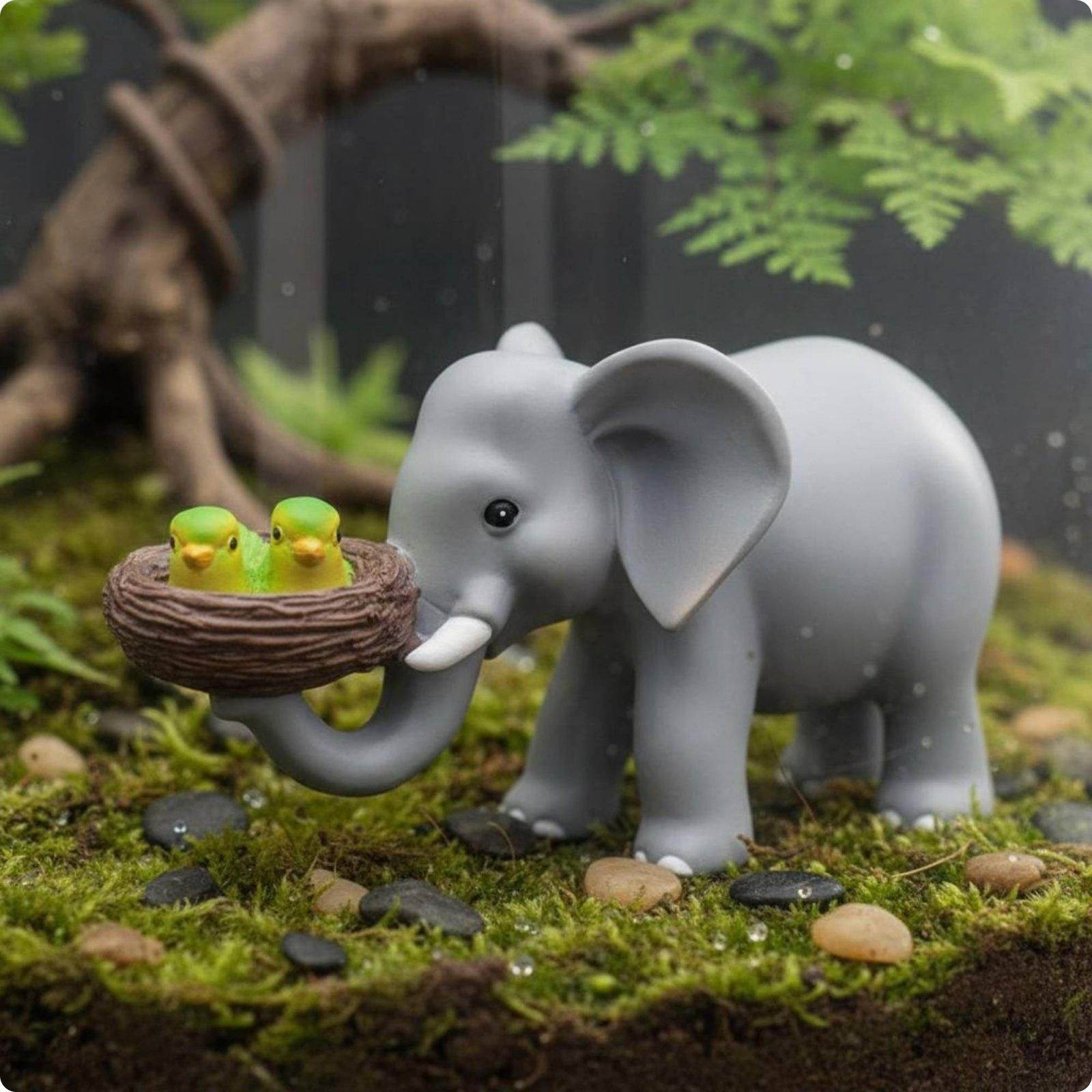 Elephant and Bird Figurine Cute Pachyderm Outdoor Gift Idea Miniature Garden Ornament for