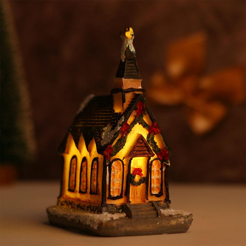 New Year Figurine Mini Miniatures Resin Craft Village House LED Light Christmas Decoration Ornament