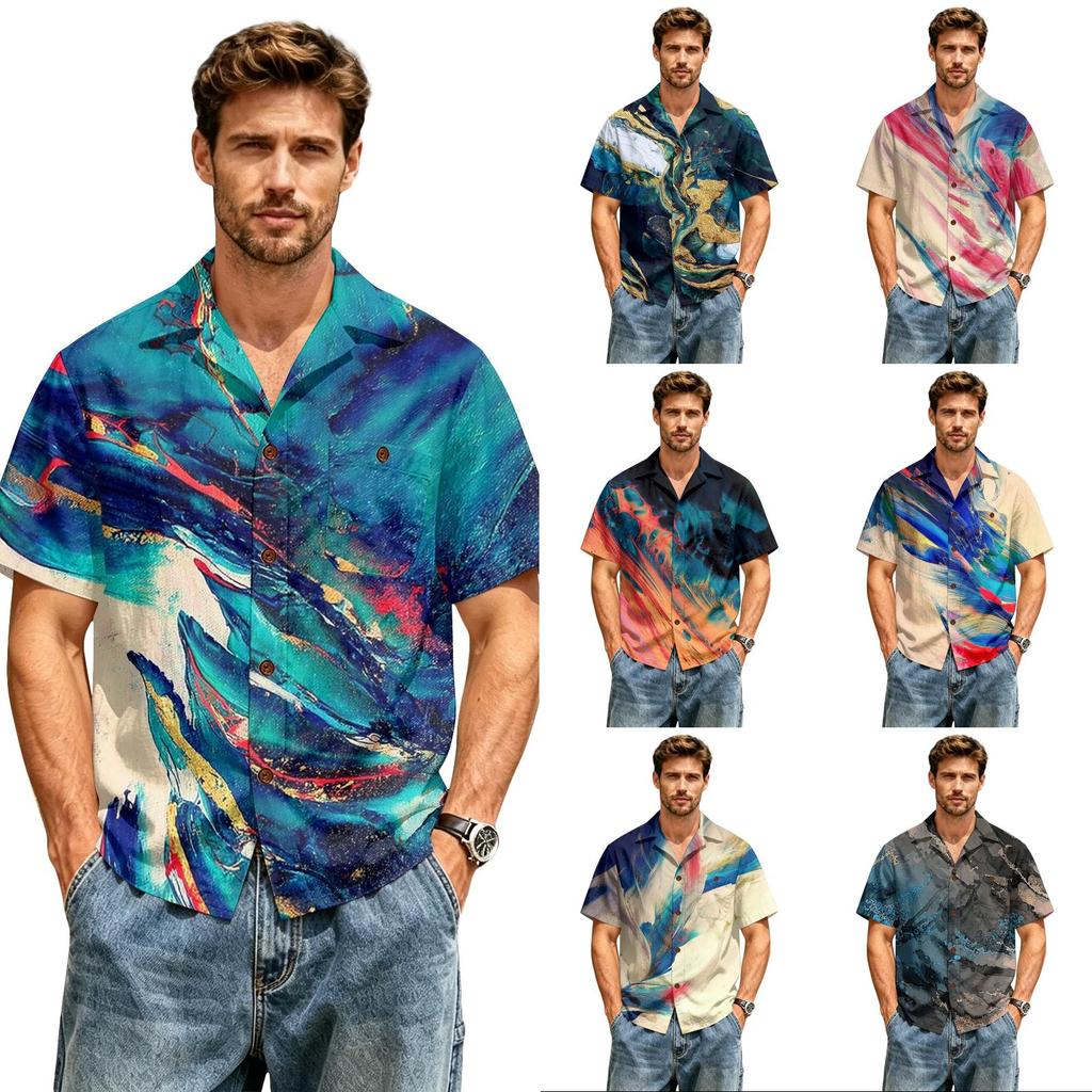 Men's Casual Short Sleeve Shirt Cotton Linen Classic Lapel Collar Button Down Lightweight Printed Top for Spring Summer