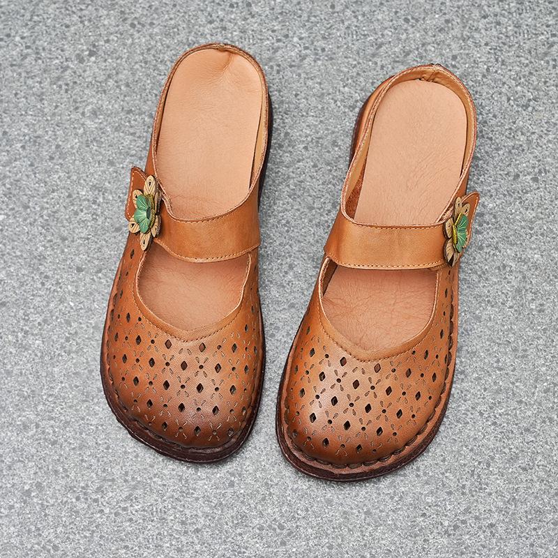 

Wear Summer Women s Shoes Over Slippers Retro Cowhide Perforated Breathable Flat Sandals and Soft-soled Slippers for The Year 38