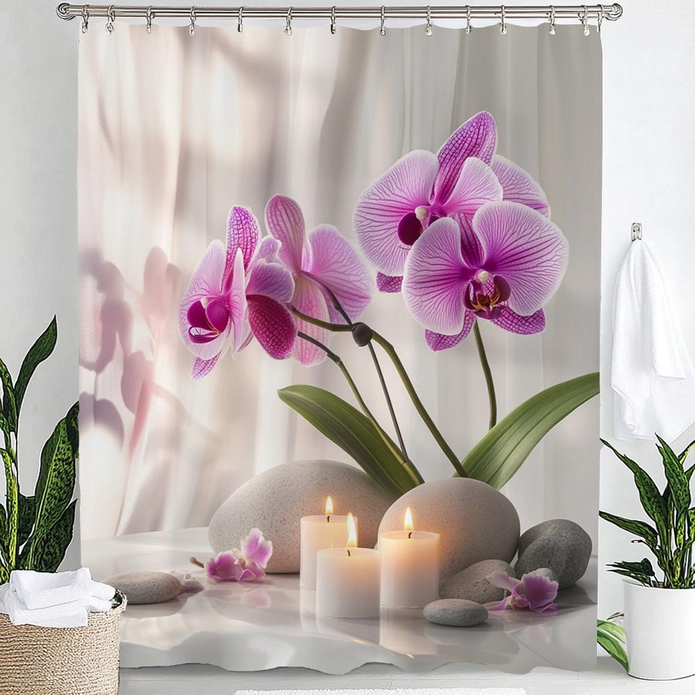 Zasłona prysznicowa Ogród Zen, Kamień, Kwiat, Spa, Japońska Medytacja Łazienka Dekoracyjna Zasłona Prysznicowa, Wodoodporna Zasłona Prysznicowa