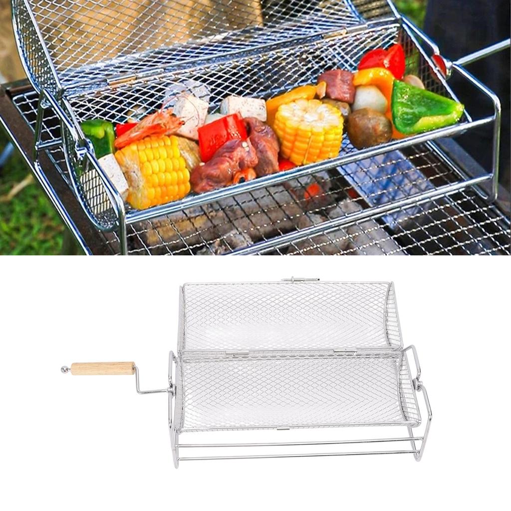 Carbon Steel Rotating Grill Basket Rotation Grilling Portable Barbecue with Handle Vegetables Outdoor Camping Gifts Garden Dad Husband Friends