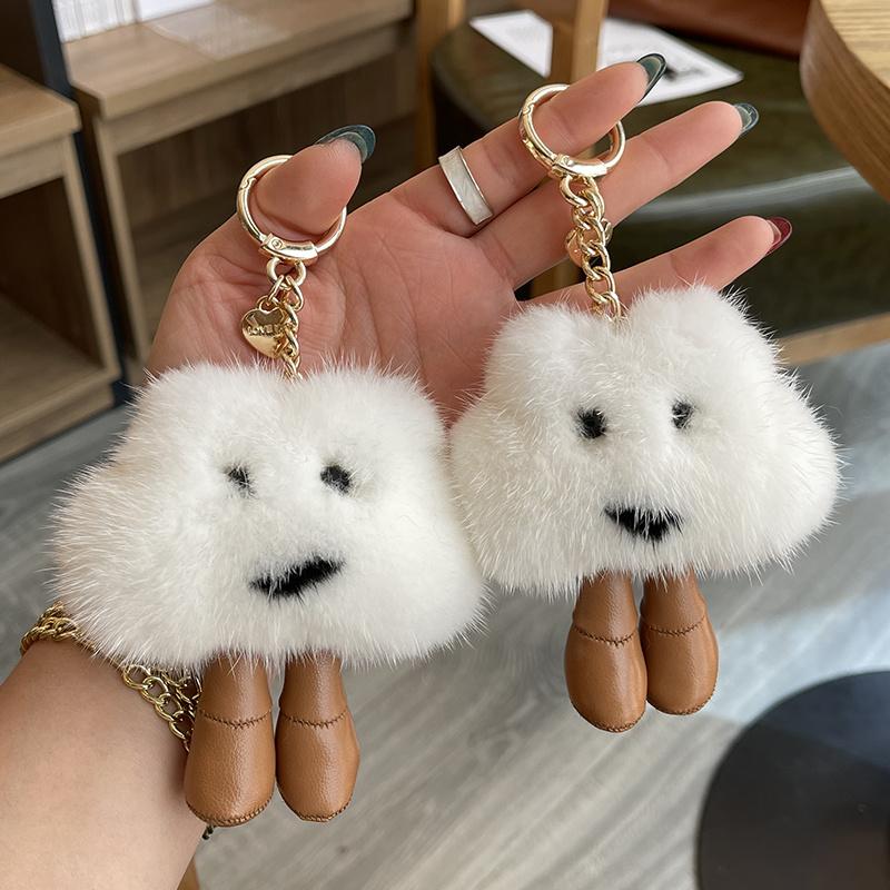 Luxury Fluffy White Clouds Pendant Keychain Real Mink Fur Cute Keyring Women Car Key Bag Ornament Plush Doll Toy