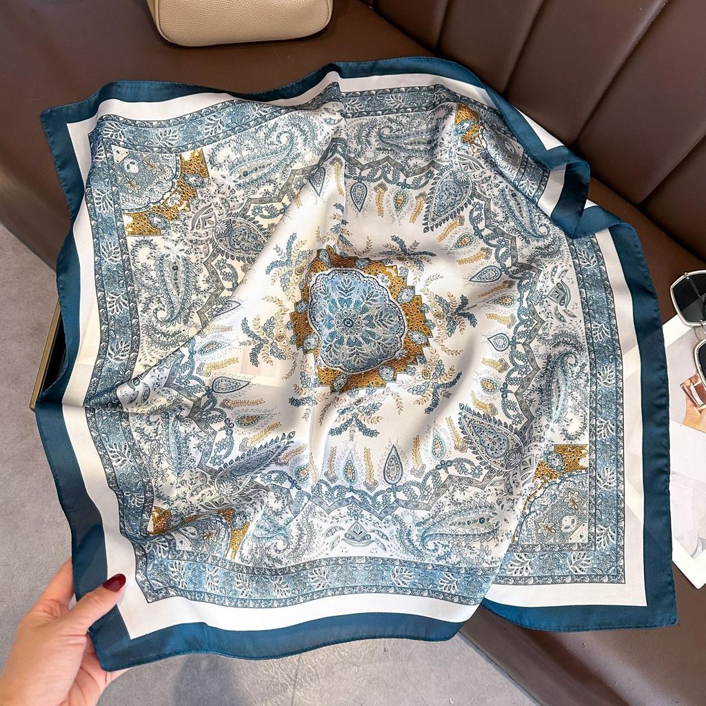 71Cm imitation silk small square scarf burgundy baroque pattern silk scarf versatile professional scarf spring and summer decorative scarf