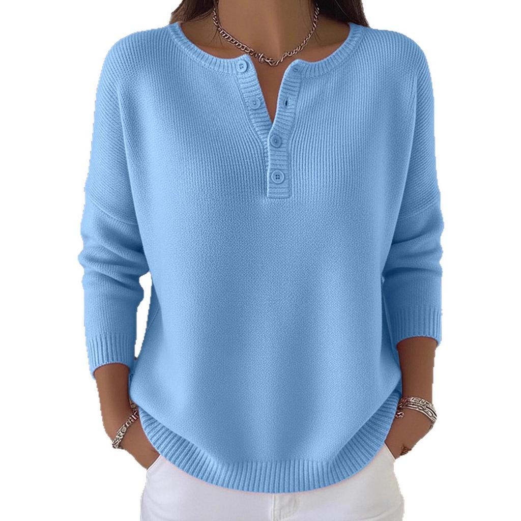 Women's Button Detail V-Neck Long Sleeve Knit Sweater Loose Fit Casual Pullover