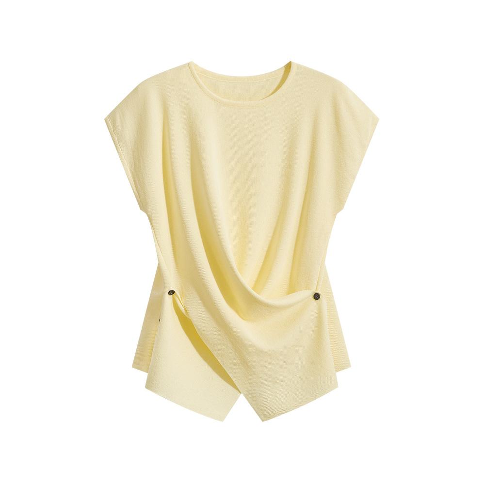 French Round-neck Knitted Sweater, Summer Thin Sleeveless, Slimming and High-end Top, Short-sleeved Women's T-shirt with A Straight Shoulder