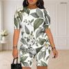 Women Plus Size Rose Floral Printed Round Neck Short Sleeve Top And Fitted Shorts Two Piece Set