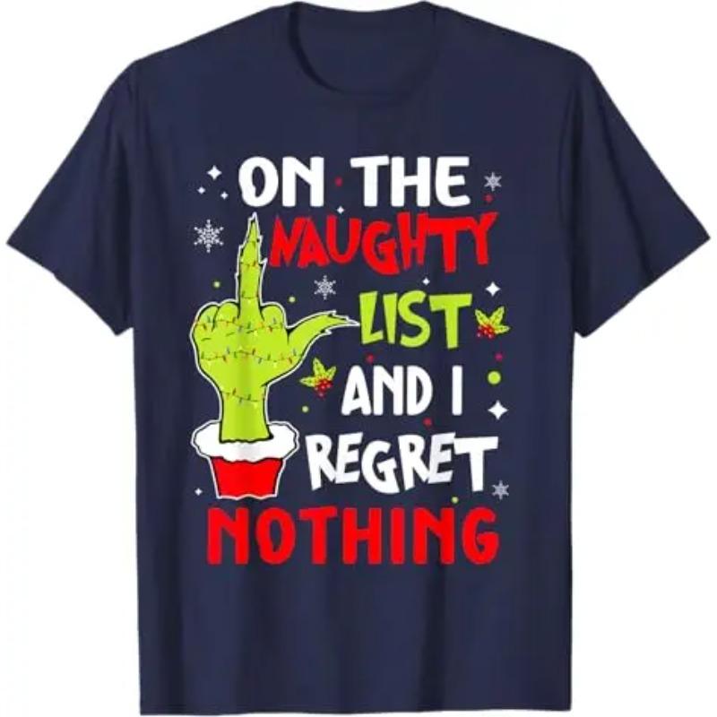 Cotton Tops Funny on The List of Naughty and I Regret Nothing Christmas T-Shirt Humorous Santa Claus Xmas Costume Letters Printed Saying Tee
