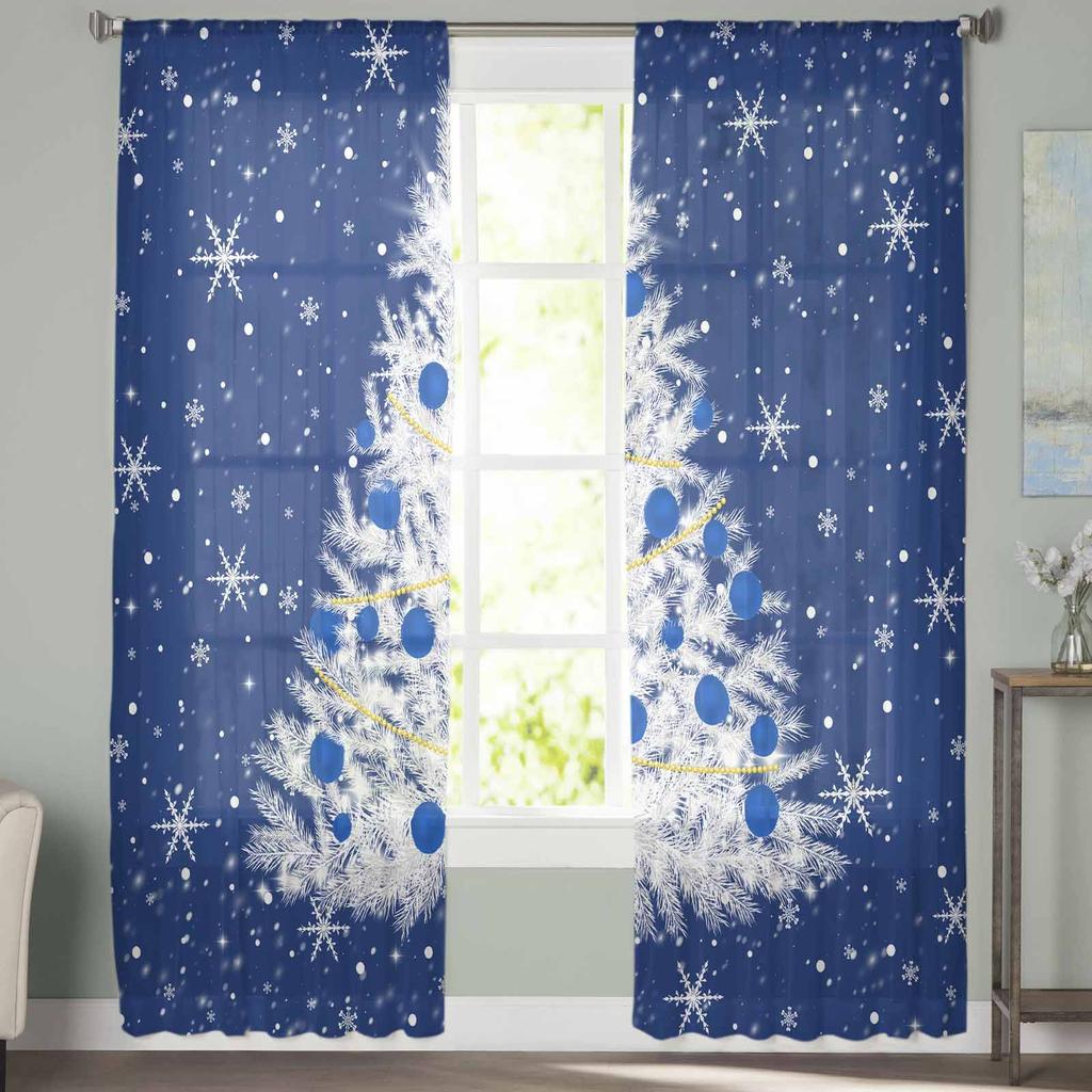 Christmas Winter Blue Trees Snowflakes Sheer Curtains Modern Gauze Curtain for Living Room Bedroom Voile Yarn Curtains