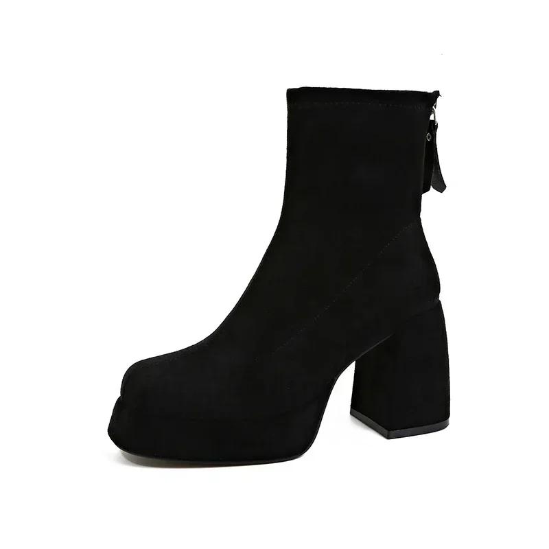 Women's Fashion High-heeled Boots Winter New British Style Soft Sole Anti-slippery Versatile Keep Warm Leather Shoes