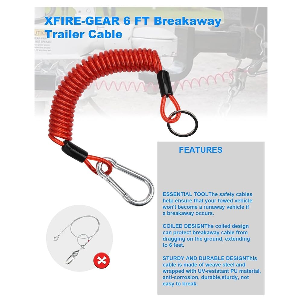 Chaksy 2pcs 6ft Breakaway Trailer Cable, Trailer Breakaway Safety Cable Spring Tow Coil Wire for RV Trailer Camper