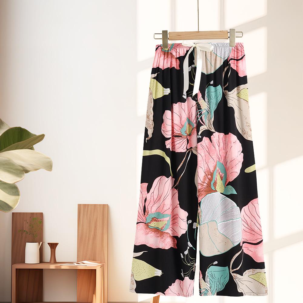 Women's Pajama Bottoms Floral Print Cuff Pants Wide Leg Pj Pants Elastic Waist Sleep Pants Loungewear Nightwear