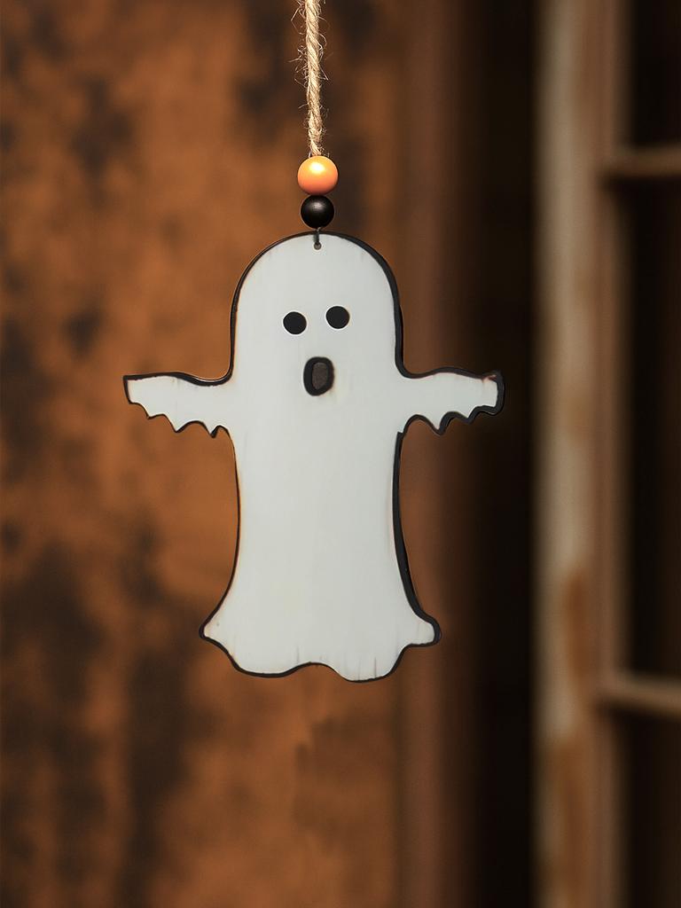 Halloween Wooden Ghost Hanging Ornament, Cute Ghost with Beads Design, Window & Wall Decor Pendant for Home Bedroom Living Room