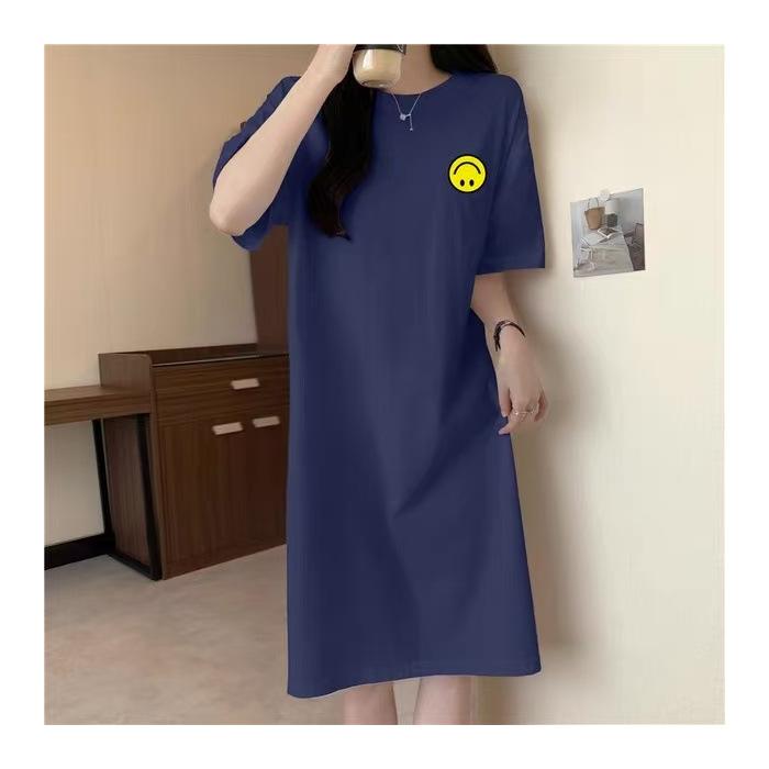 

Новое летнее стильное ленивое длинное платье-футболка с короткими рукавами, свободное платье выше колена с буквенным принтом, длинная юбка 4XL тёмно-синий