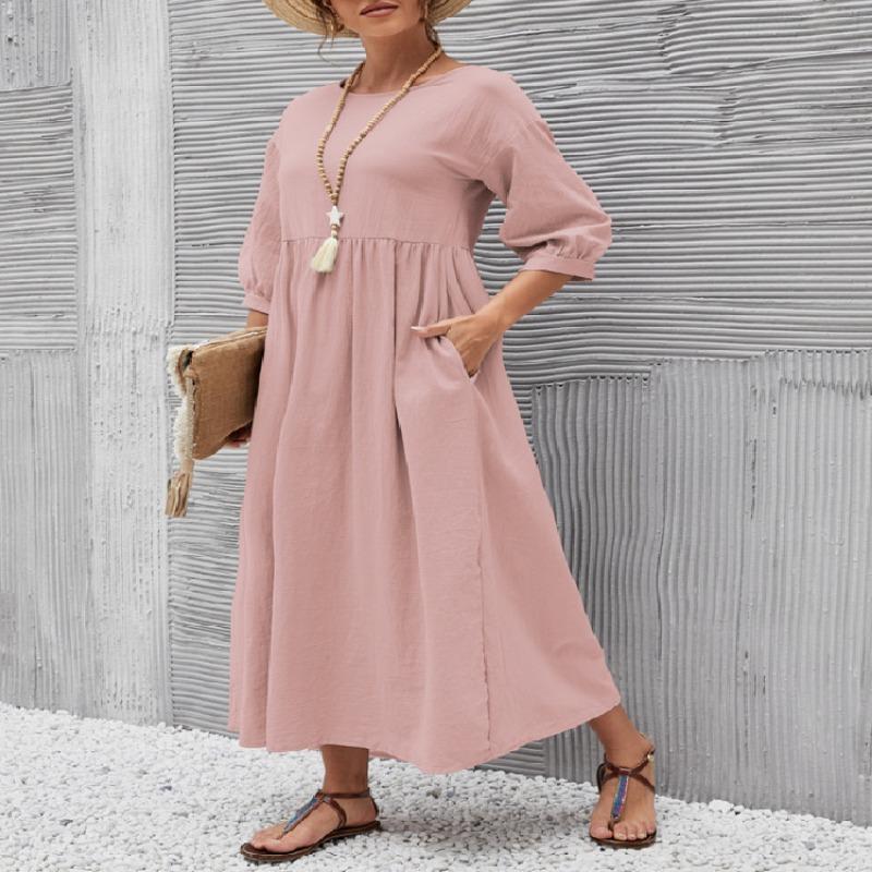 A Women's Fashionable Lantern-sleeved Loose Pocket Dress