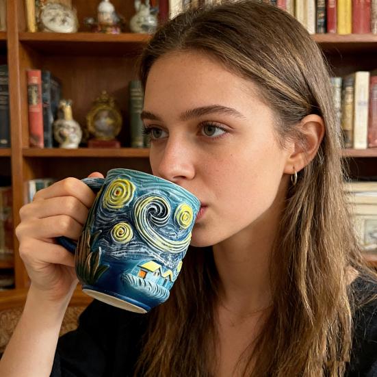 Caneca de Arte em Relevo 3D Noite Estrelada Céu Azul Design Giratório Copo com Alça Espiral Grande Capacidade Caneca de Café Única Presente Decorativo para Amantes da Arte