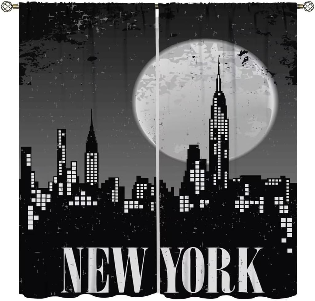 City Skyline Curtains Midnight Cityscape Purple Urban Starry Sky Printed Bedroom Living Room Window Drapes Curtain With Light Blocking Polyester