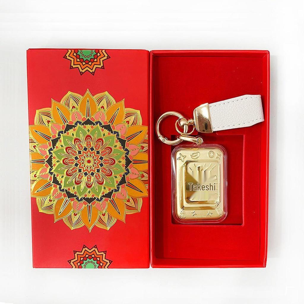 Pure Gold Keychain Pendant with Auspicious Words for New Year Blessings - Car or Phone Decor