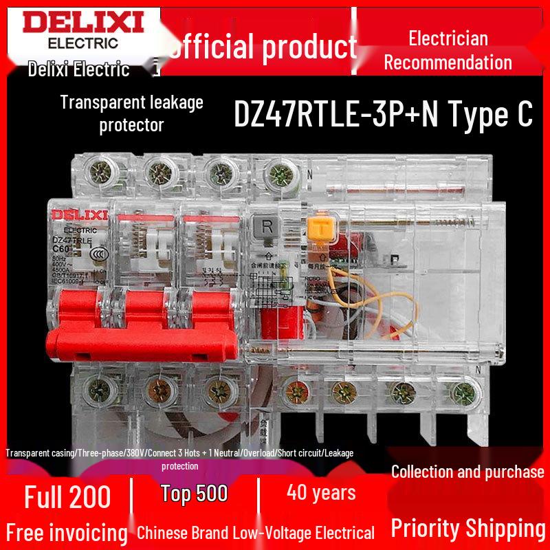DELIXI Transparent 3P Circuit Breaker with N Pole & Leakage Protection, 20A To 63A