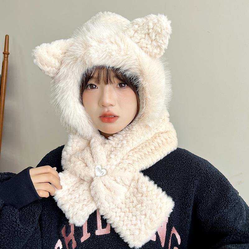 Women's Cozy Fox Ear Plush Hat with Integrated Scarf - Warm, Soft Lei Feng Design for Autumn and Winter. Perfect Ear Protection for Students.