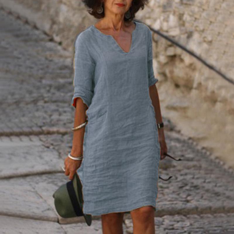 Damen Fünf-Ärmel V-Ausschnitt Retro Einfarbig Baumwolle Leinen Kleid